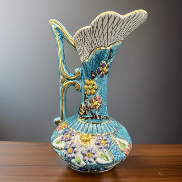 H Bequet Quaregnon Hand Painted Blue Gold Trim Pitcher Vase Belgium Anemone - Picture 1 of 10